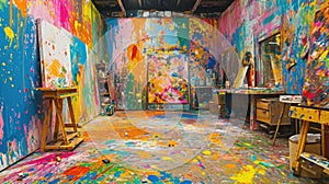 An artist's studio in full creative chaos, paint splattered. Resplendent.