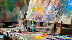 An artist's studio in full creative chaos, paint splattered. Resplendent.