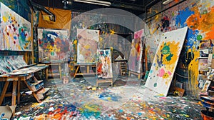 An artist's studio in full creative chaos, paint splattered. Resplendent.