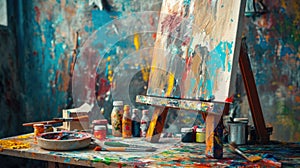 An artist's studio in full creative chaos, paint splattered. Resplendent.