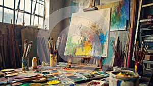 An artist's studio in full creative chaos, paint splattered. Resplendent.