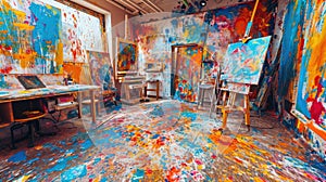 An artist's studio in full creative chaos, paint splattered. Resplendent.