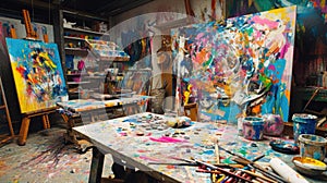 An artist's studio in full creative chaos, paint splattered. Resplendent.