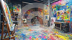 An artist's studio in full creative chaos, paint splattered. Resplendent.