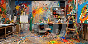 An artist's studio in full creative chaos, paint splattered. Resplendent.