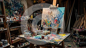 An artist's studio in full creative chaos, paint splattered. Resplendent.