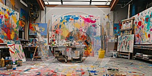 An artist's studio in full creative chaos, paint splattered. Resplendent.