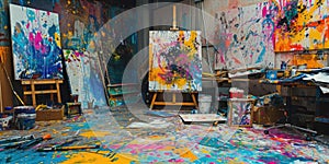 An artist's studio in full creative chaos, paint splattered. Resplendent.