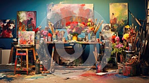 An artist's studio with paint and brushes, AI