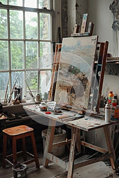 An artist\'s studio, tools laid to rest during a creative hiatus, with an ongoing painting half-finished on the easel