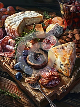 An artist's vision of a cheese and charcuterie board, replete with ripe fruits and a variety of nuts. The detailed