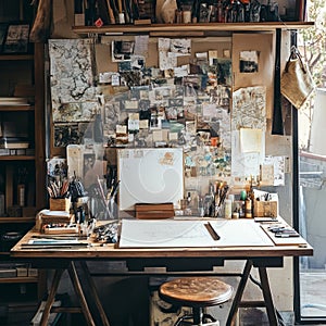Artist's Workspace with a Wall of Inspiration