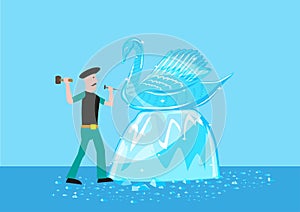 An artist sculpts a swan form out of ice or crystal material. Editable Clip Art.