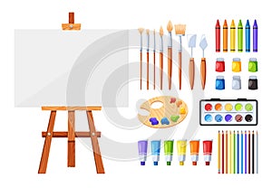 An Artist Set Includes Paints, Brushes, Canvas, Easels, And Palette with Knives and Tubes, Providing Tools