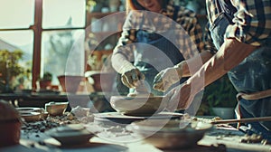 Artist shaping clay on pottery wheel with hands in sunny workshop