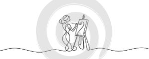 the artist sits in front of an easel with a palette and brush in hand. one line drawing vector.