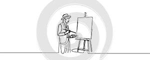 the artist sits in front of an easel with a palette and brush in hand. one line drawing vector.