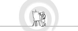 the artist sits in front of an easel with a palette and brush in hand. one line drawing vector.