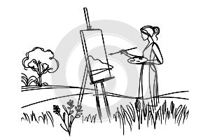 the artist sits in front of an easel with a palette and brush in hand. one line drawing vector.