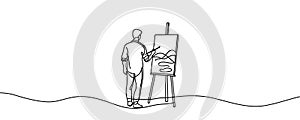 the artist sits in front of an easel with a palette and brush in hand. one line drawing vector.