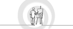 the artist sits in front of an easel with a palette and brush in hand. one line drawing vector.