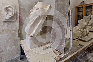 Artist studio sculpture on a work table