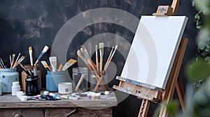 Artist Studio Setup with Empty Canvas  Pntbrushes  and Jars