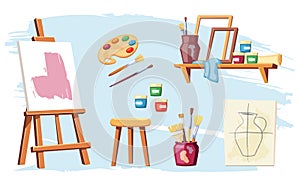 artist tools. brush, paint, palette, easel, paintbrush, canvas, cartoon minimalistic flat painting attributes collection