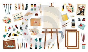 Artist tools. Painting workshop clipart collection. Paints and brushes. Sharpener or eraser. Drawing accessories kit. Sketchbooks