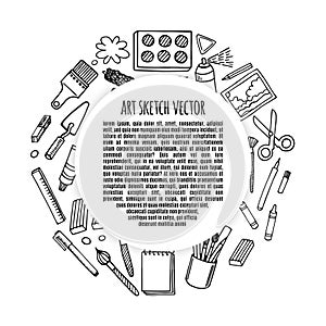 Artist tools sketch hand drawn frame vector.
