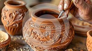 An artist using a carving tool to expertly etch a personalized design onto a clay pot. photo