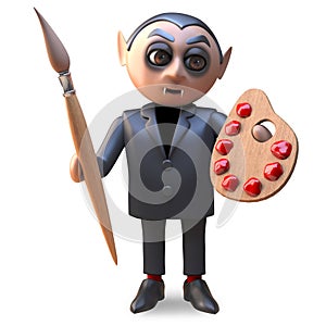 Artistic 3d vampire dracula holding a paintbrush and palette, 3d illustration