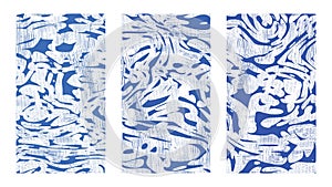 Artistic abstract background set. Dynamical blue rippled surface, illusion, curvature. Liquid paint on canvas