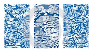 Artistic abstract background set. Dynamical blue rippled surface, illusion, curvature. Liquid paint on canvas