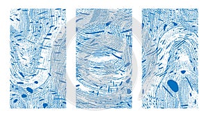 Artistic abstract fluid background set. Dynamic blue grooved surface, illusion, curvature. Liquid paint on canvas