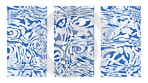 Artistic abstract fluid background set. Dynamical blue rippled surface, illusion, curvature. Liquid paint on canvas