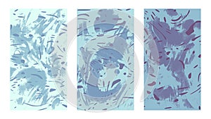 Artistic abstract seaweed background set. Vertical blue rippled surface, illusion, curvature. Liquid paint, floral pattern