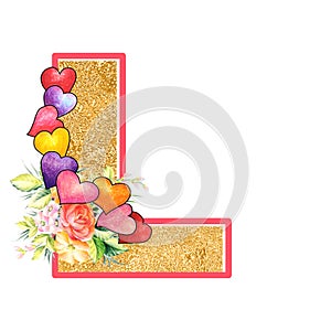 Artistic alphabet, letter L illustration with summer bouquet leaves and flowers, ane hearts, elegant and romantic font