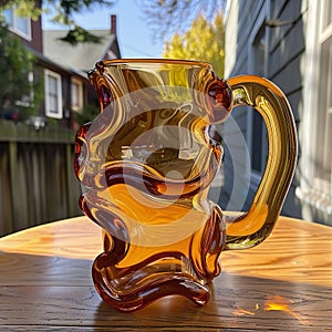 Artistic Amber Glass Mug on Wooden Table, unique squiggly design photo