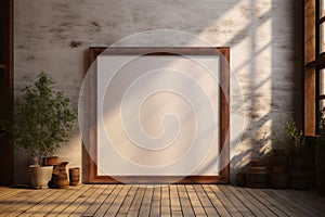 Artistic ambiance Mockup with large wooden frame, illuminated by window