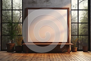 Artistic ambiance Mockup with large wooden frame, illuminated by window