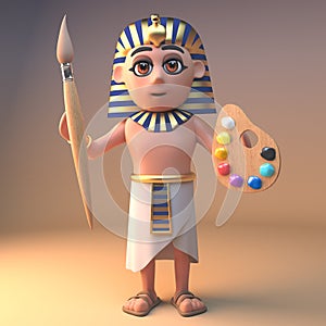 Artistic ancient Egyptian pharaoh Tutankhamun holding a paintbrush and palette, 3d illustration