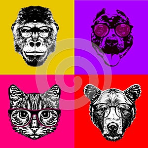 Artistic animals` muzzles in eyeglasses on bright background photo