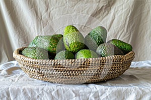 An artistic arrangement of avocados in various stages of ripeness, displayed in a woven basket on a white tablecloth photo