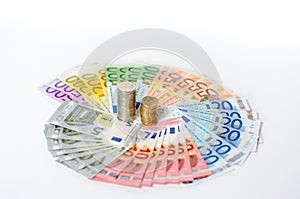 Artistic arrangement of Euro notes and coins