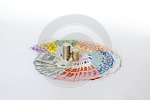 Artistic arrangement of Euro notes and coins