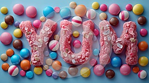 An artistic arrangement forming the word Yum using a mix of candies, expressing the sheer deliciou