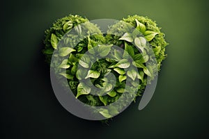 An artistic arrangement of green plants and various leaves forming the shape of a heart against a dark green background