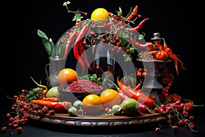 artistic arrangement of hot sauce and chili peppers