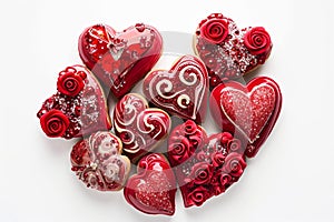 An artistic arrangement of red heart-shaped cookies, each with different pattern of Valentine's Day-themed decorations.